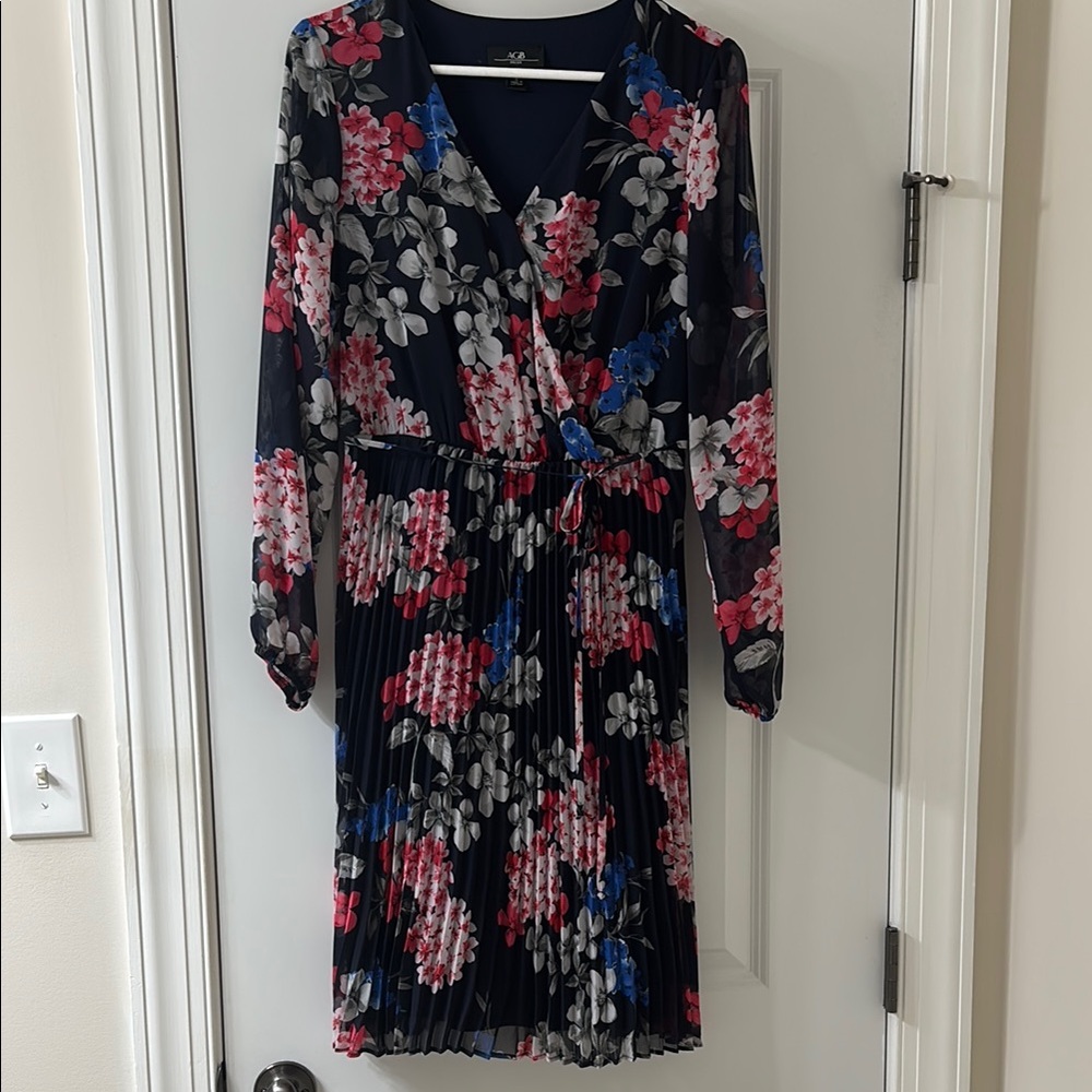 AGB Blue Pleated Wrap Dress with Bishop Sleeves